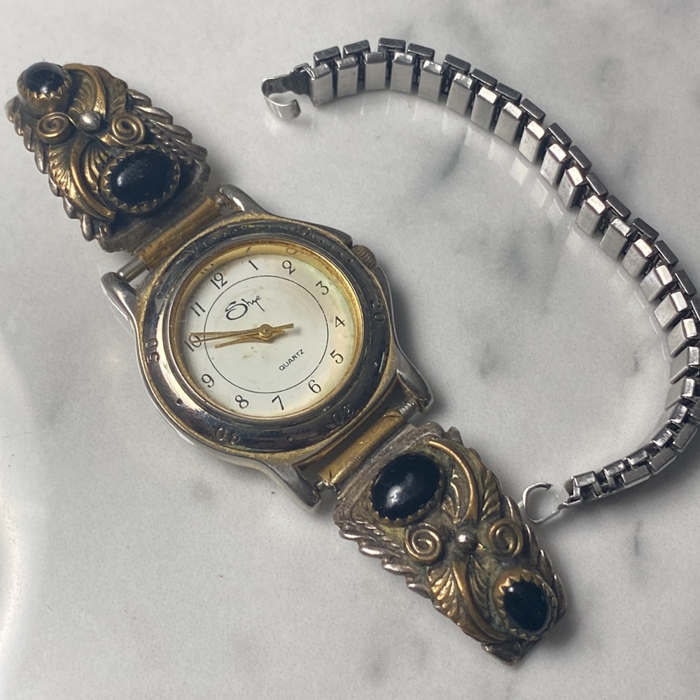 Vintage Two-Tone Black Stone Women's Watch